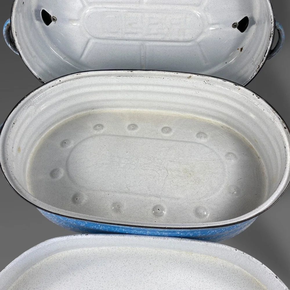 1911 Reed Blue Speckle Roaster Graniteware 3 Piece Dutch Oven Primitive Decor‎
